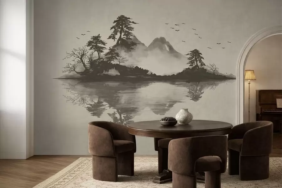 zidne murale Planinski krajolik Sumi-e u mekim sivim tonovima w05124v1