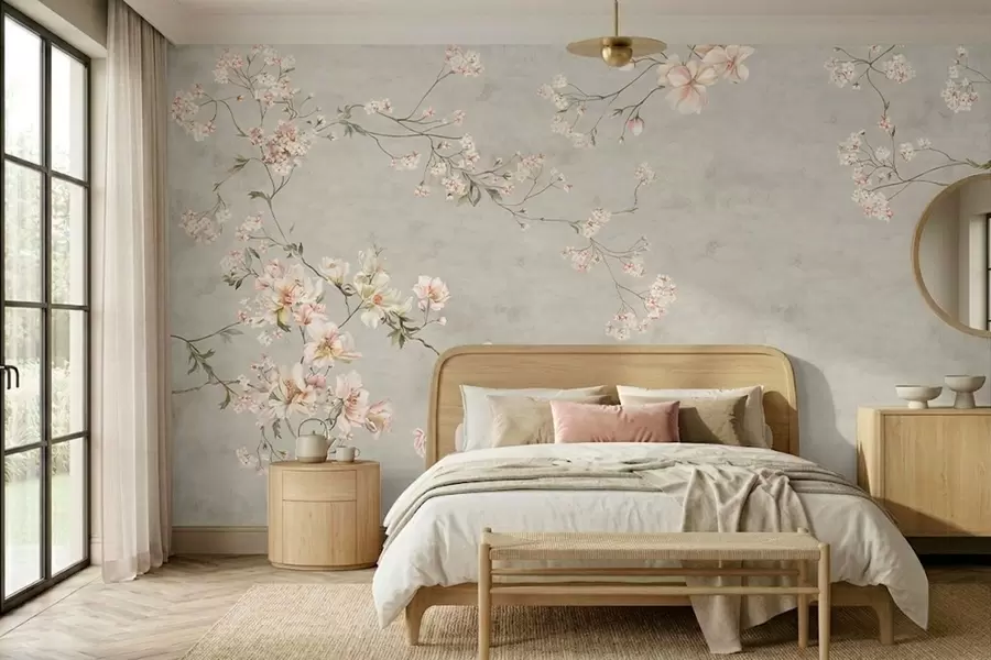 zidne murale Cvjetne grančice chinoiserie na sivoj pozadini w05427v1