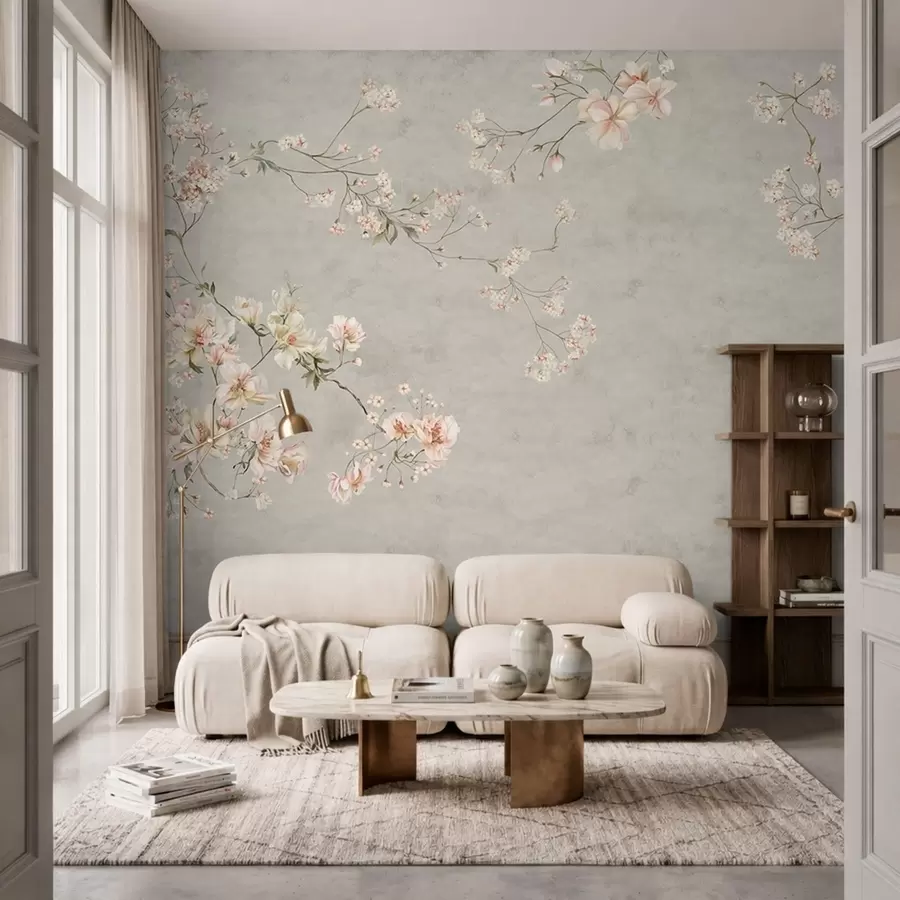 zidne murale Cvjetne grančice chinoiserie na sivoj pozadini w05427v1