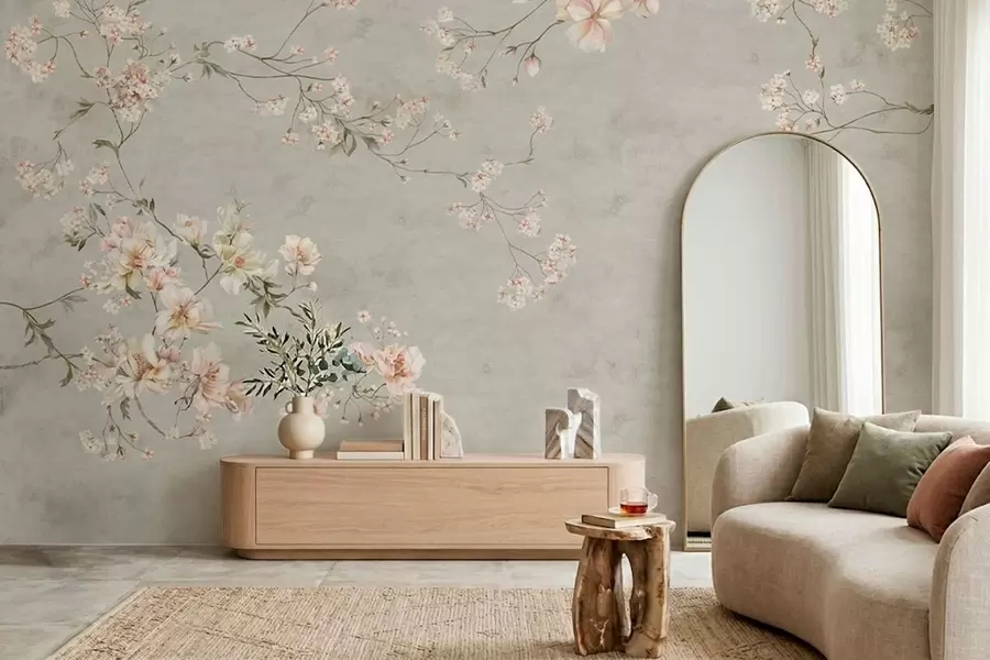 zidne murale Cvjetne grančice chinoiserie na sivoj pozadini w05427v1