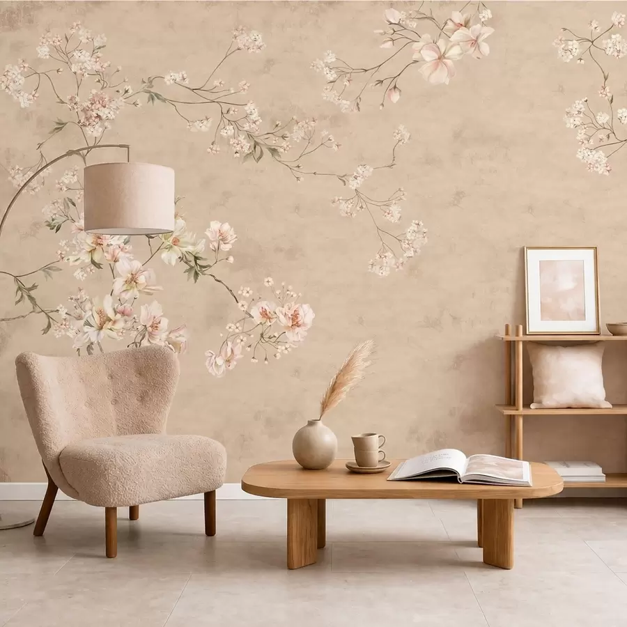 zidne murale Cvjetne grančice kineskog stila na toploj bež pozadini w05427v2
