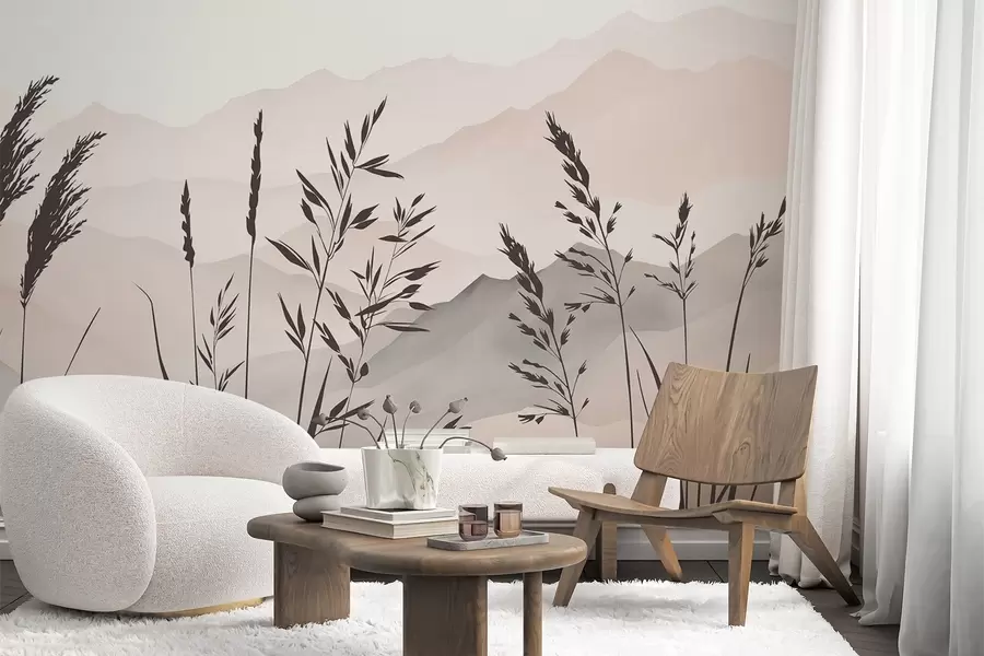 zidne murale Siluete trave na pozadini planina w05501