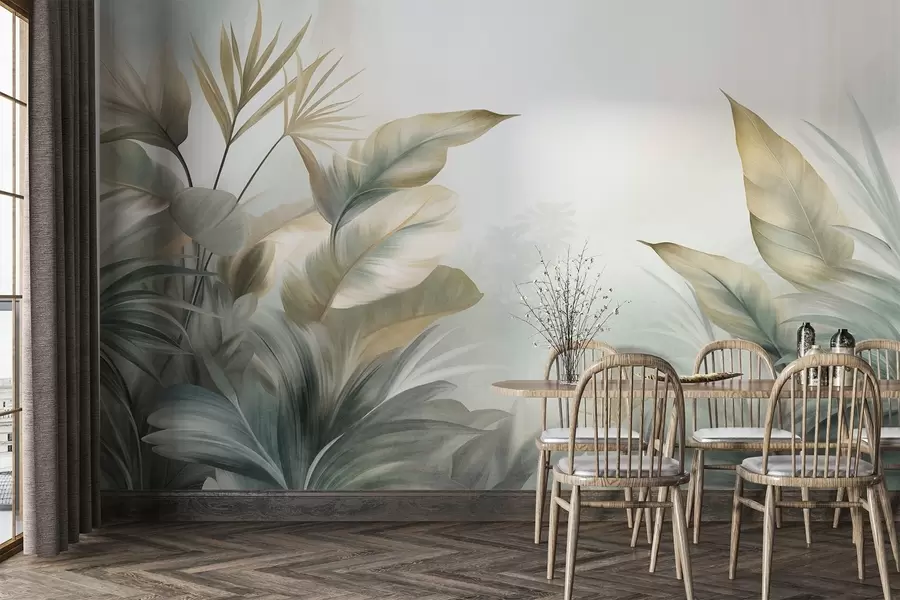 zidne murale Veliko, teksturirano tropsko lišće u prigušenim zelenim i bež tonovima, okruženje džungle w09820