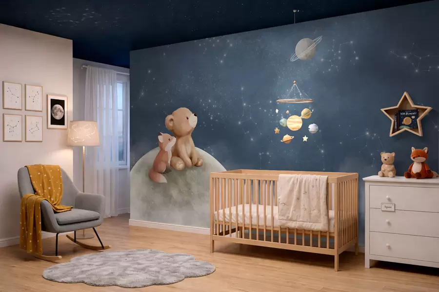 zidne murale Pastelna ilustracija medvjeda i lisice noćno nebo w05431
