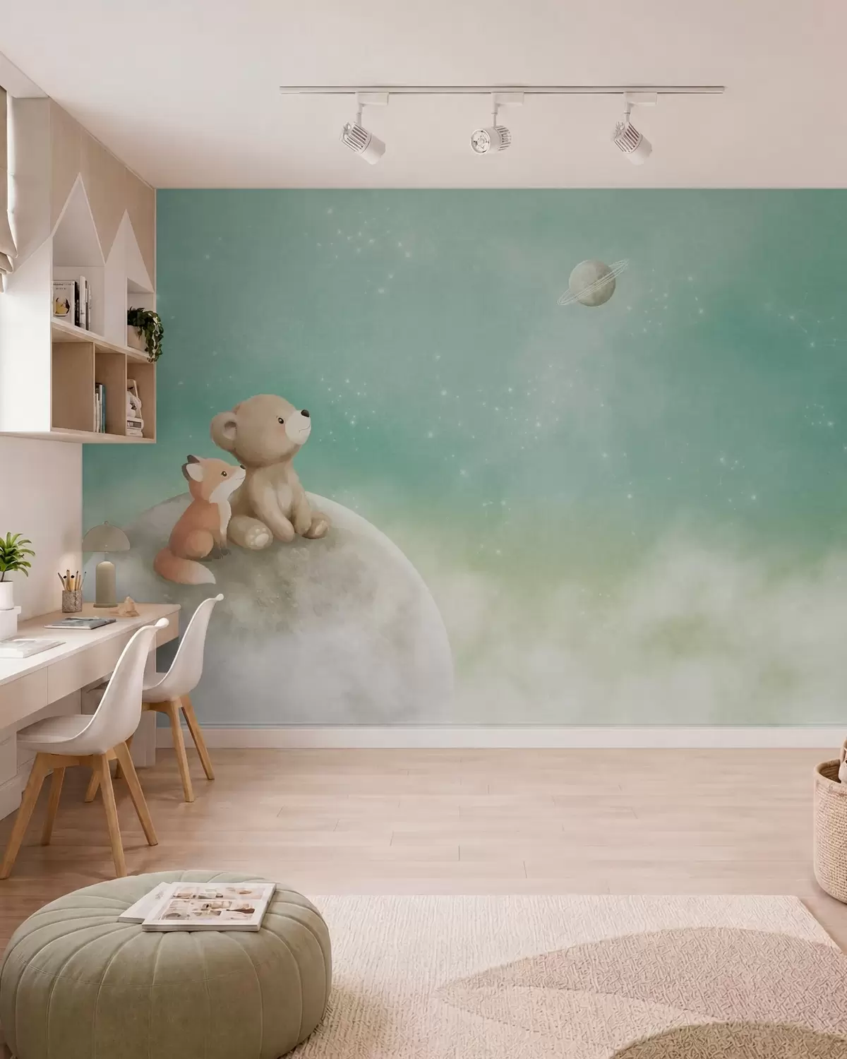 zidne murale Pastelna ilustracija medvjeda i lisice zeleno nebo w05431v1