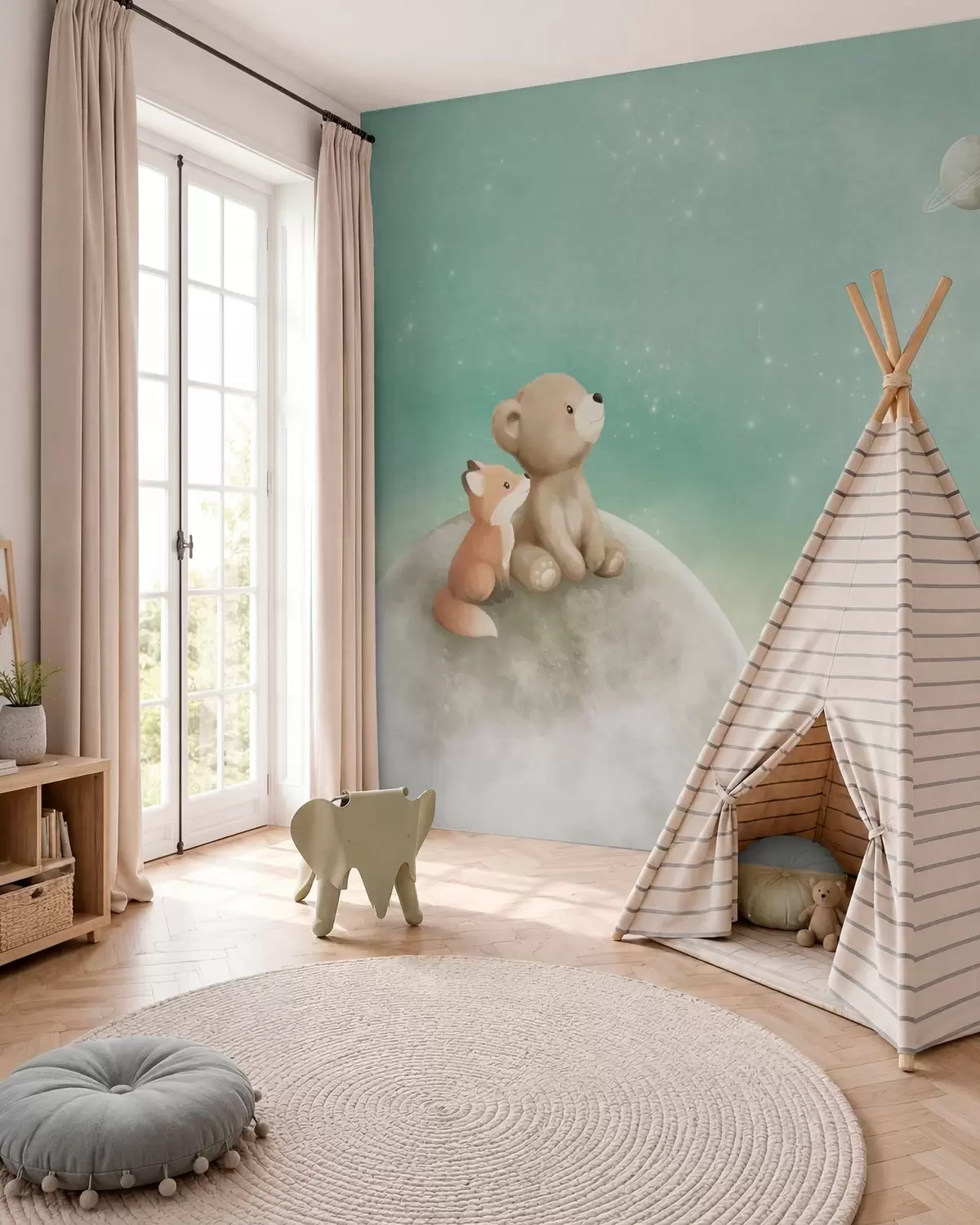 zidne murale Pastelna ilustracija medvjeda i lisice zeleno nebo w05431v1