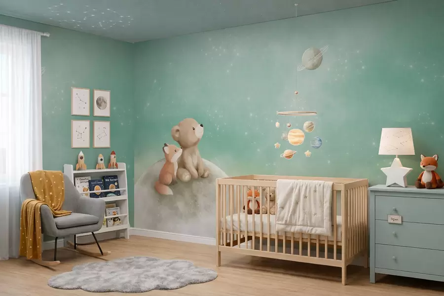 zidne murale Pastelna ilustracija medvjeda i lisice zeleno nebo w05431v1