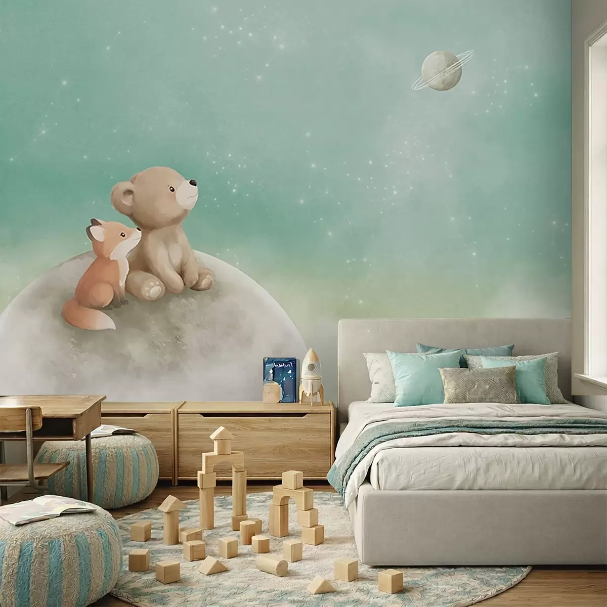 zidne murale Pastelna ilustracija medvjeda i lisice zeleno nebo w05431v1