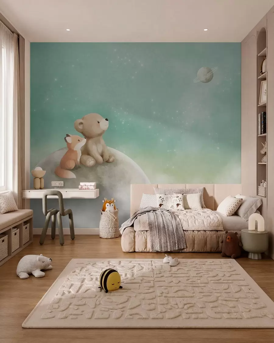 zidne murale Pastelna ilustracija medvjeda i lisice zeleno nebo w05431v1