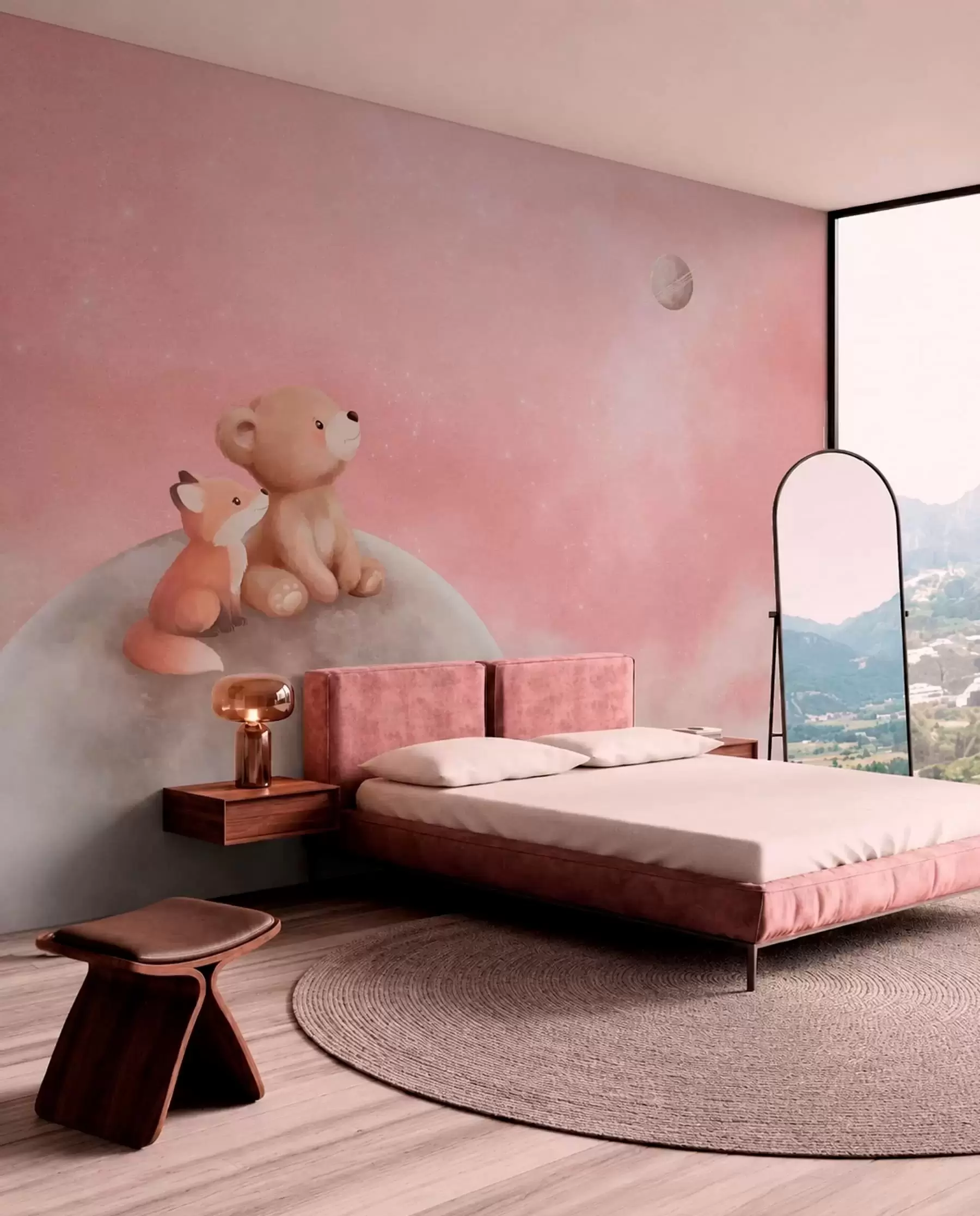 zidne murale Pastelna ilustracija medvjeda i lisice na mjesečevom ružičastom nebu w05431v2