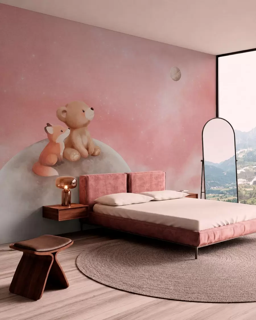 zidne murale Pastelna ilustracija medvjeda i lisice na mjesečevom ružičastom nebu w05431v2