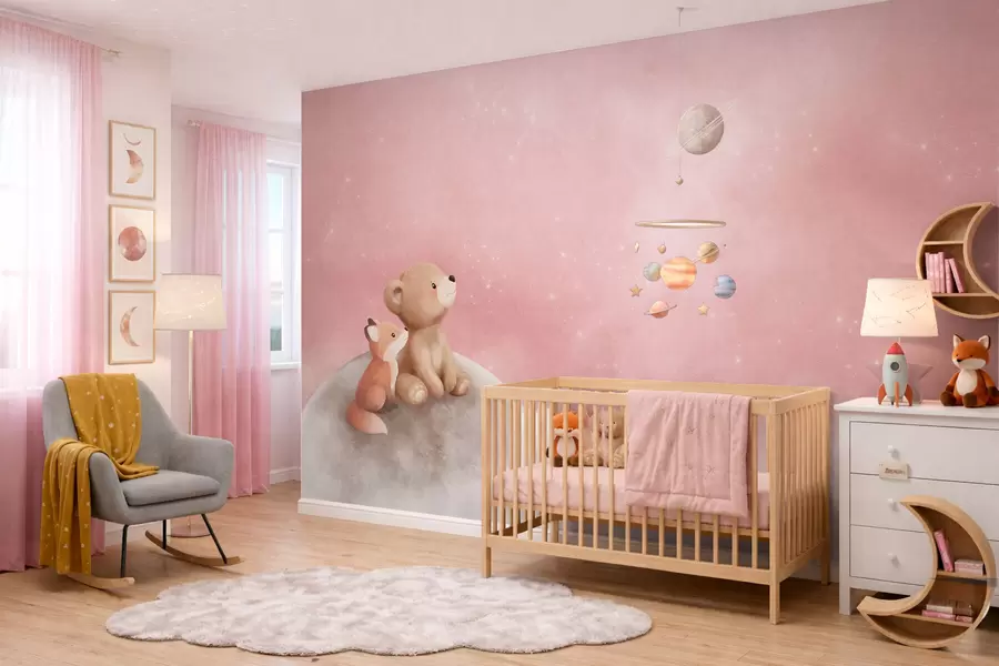 zidne murale Pastelna ilustracija medvjeda i lisice na mjesečevom ružičastom nebu w05431v2