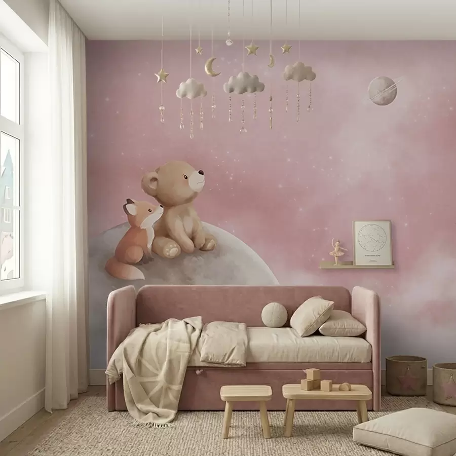 zidne murale Pastelna ilustracija medvjeda i lisice na mjesečevom ružičastom nebu w05431v2
