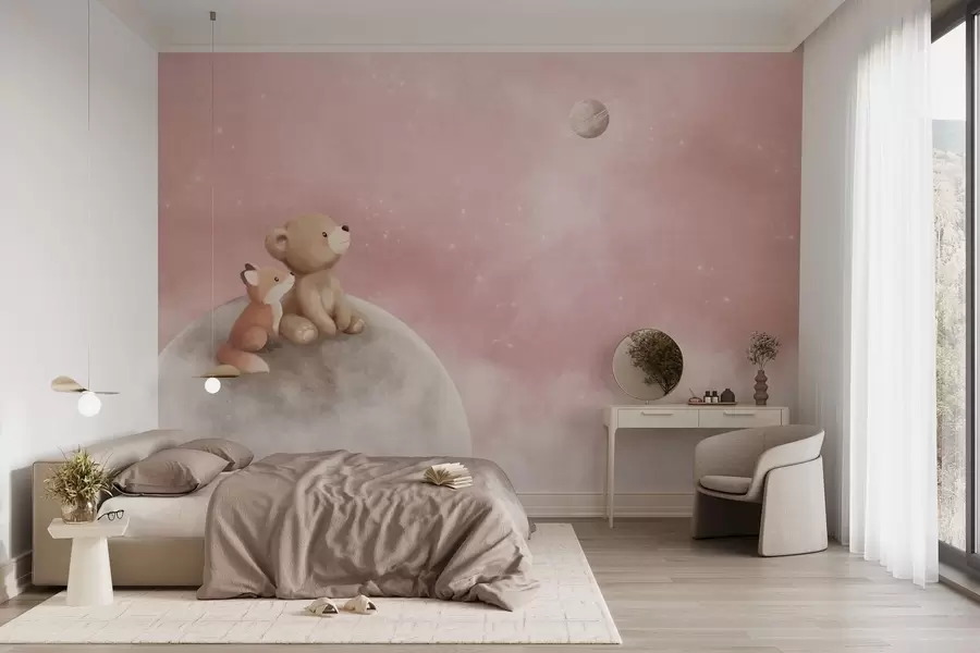 zidne murale Pastelna ilustracija medvjeda i lisice na mjesečevom ružičastom nebu w05431v2