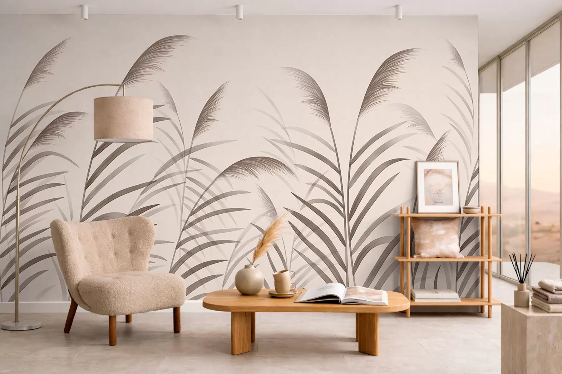 zidne murale Minimalističke siluete trske u bež tonovima w05432