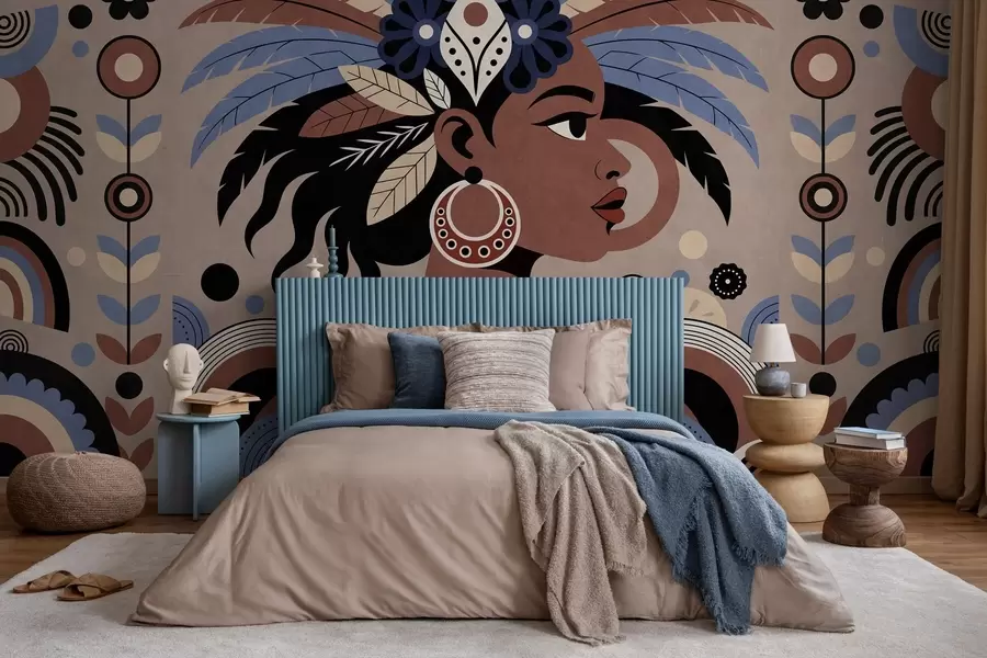zidne murale elegantan dizajn inspiriran Afrikom u nijansama plave i čokolade w05389