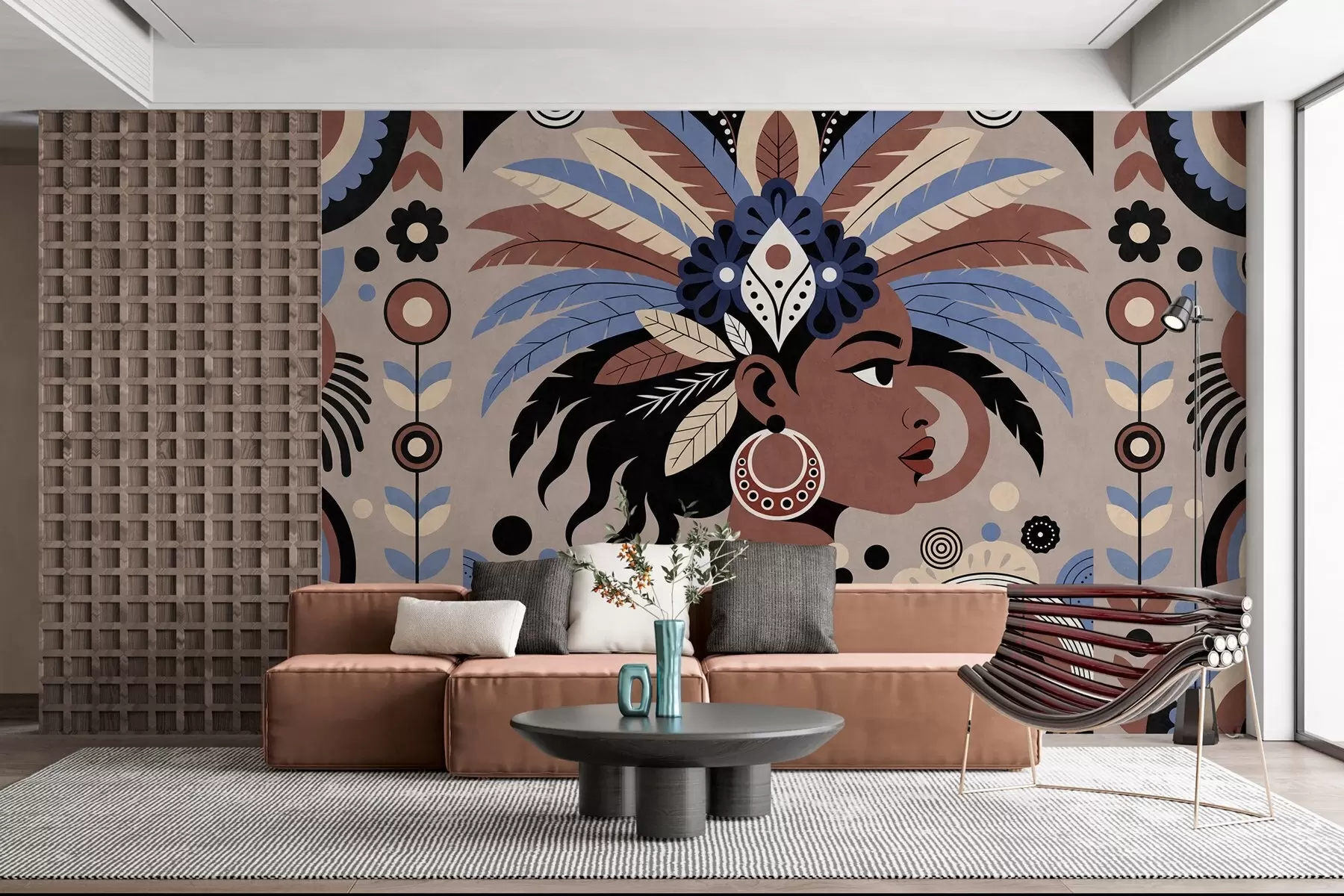 zidne murale elegantan dizajn inspiriran Afrikom u nijansama plave i čokolade w05389