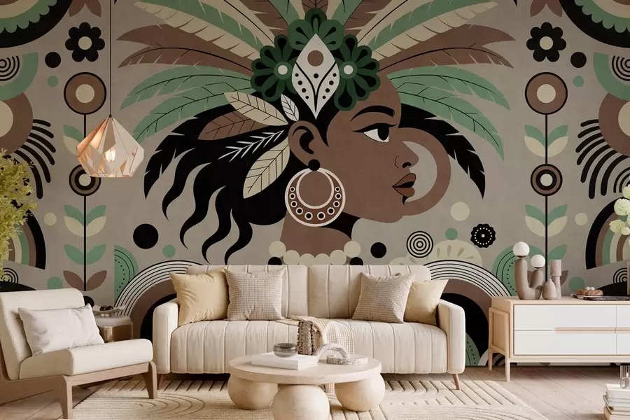 zidne murale elegantan dizajn inspiriran Afrikom u nijansama zelene, smeđe i bež w05389v1