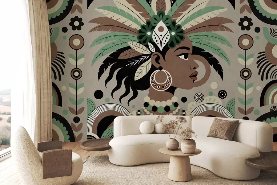 zidne murale elegantan dizajn inspiriran Afrikom u nijansama zelene, smeđe i bež w05389v1