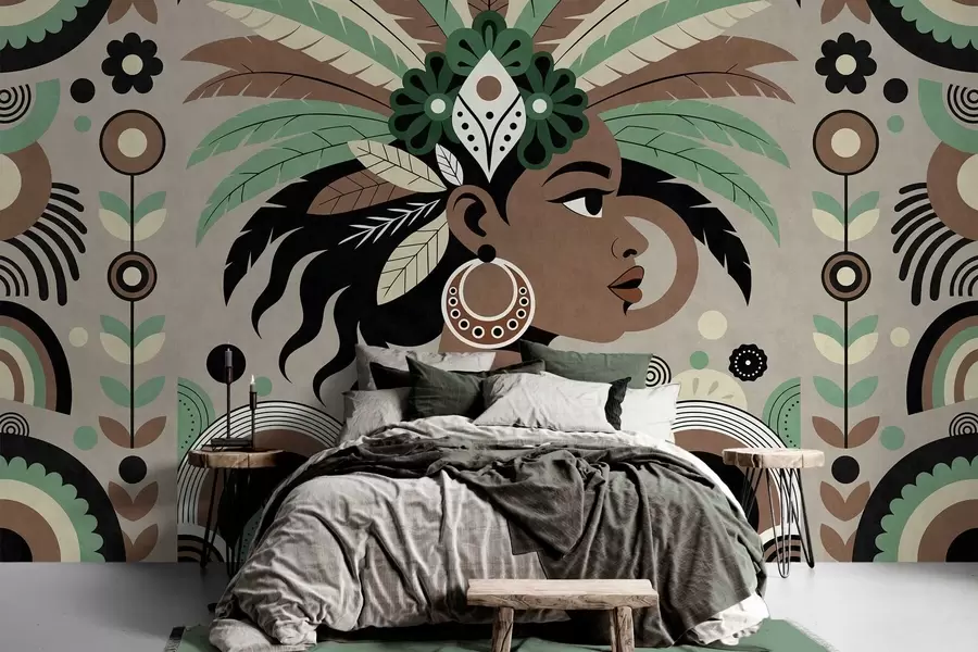 zidne murale elegantan dizajn inspiriran Afrikom u nijansama zelene, smeđe i bež w05389v1
