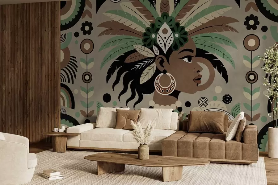 zidne murale elegantan dizajn inspiriran Afrikom u nijansama zelene, smeđe i bež w05389v1