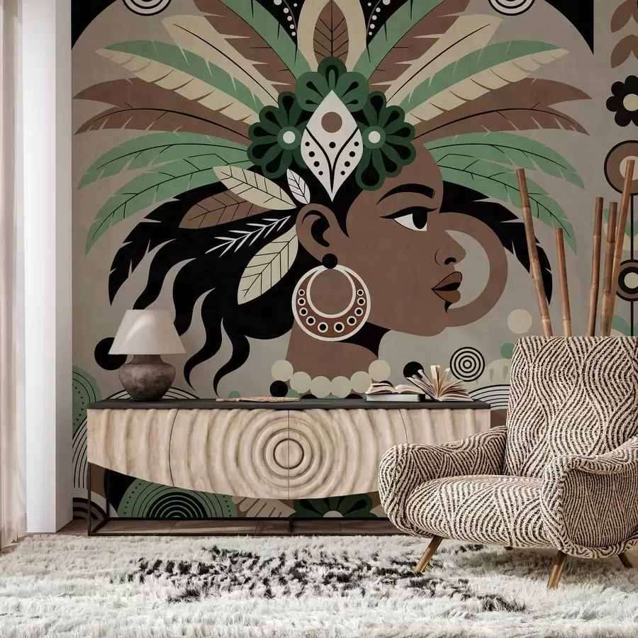 zidne murale elegantan dizajn inspiriran Afrikom u nijansama zelene, smeđe i bež w05389v1