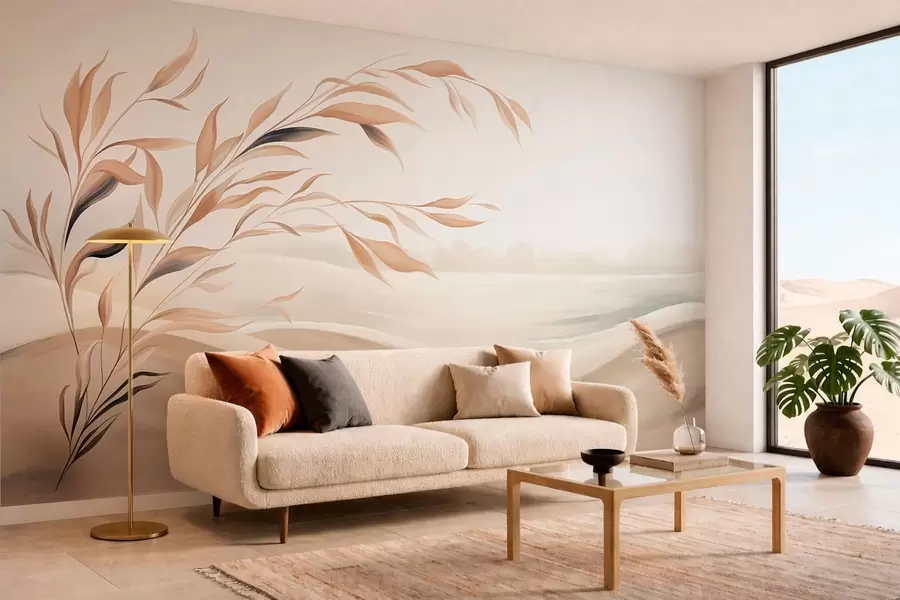 zidne murale Meki krajolik s granom iznad brda u svijetlim bež tonovima w05297