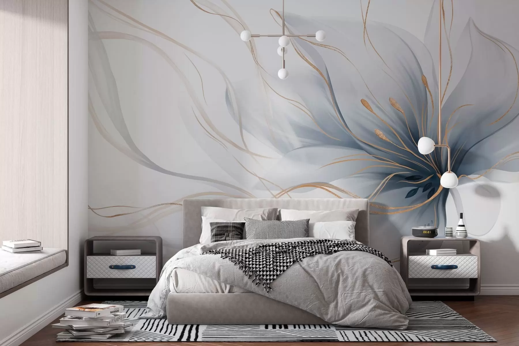 zidne murale Apstraktni plavi cvijet s tekućim linijama u stilu fluidne umjetnosti w05428
