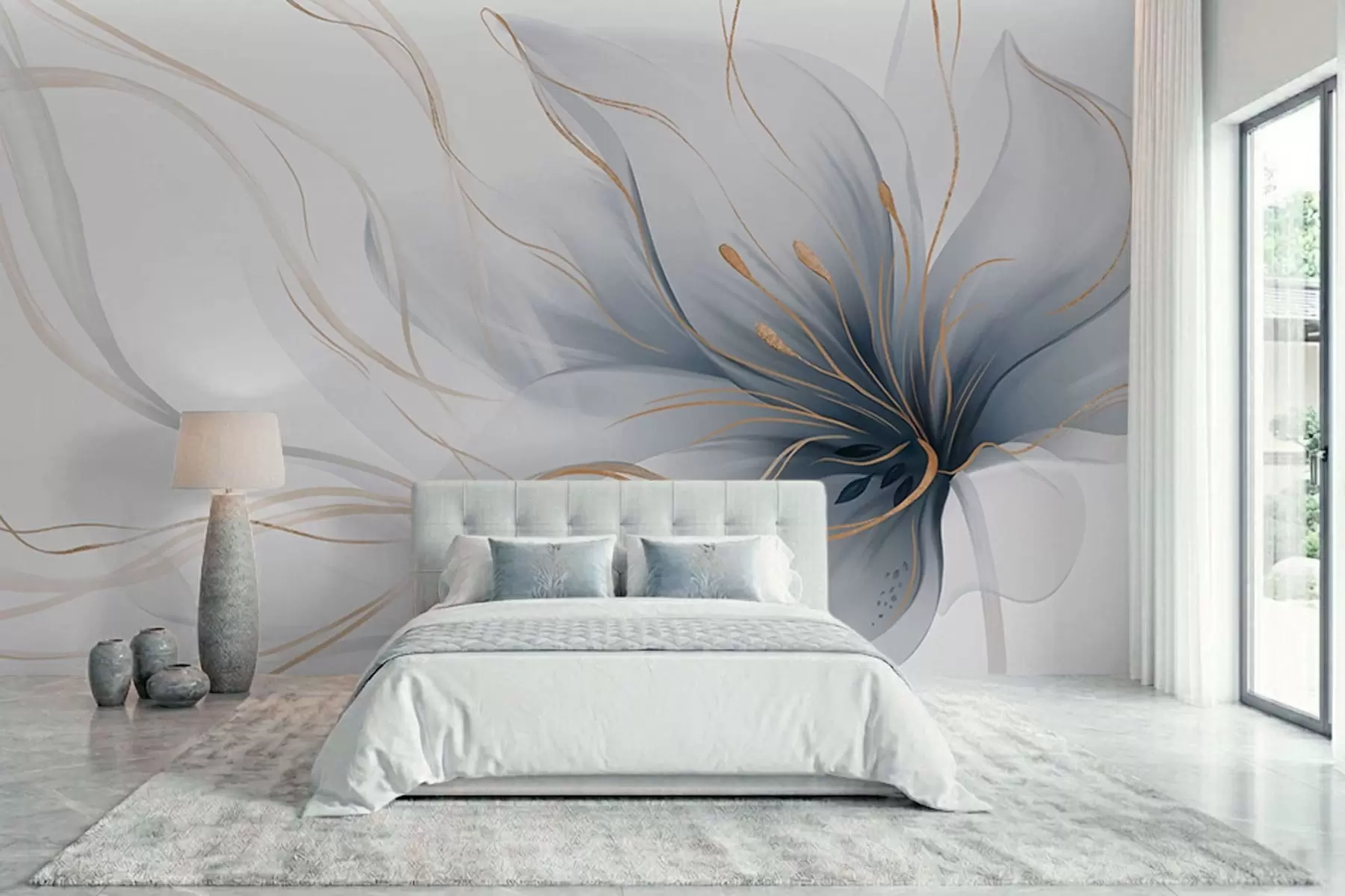 zidne murale Apstraktni plavi cvijet s tekućim linijama u stilu fluidne umjetnosti w05428