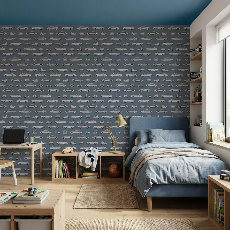 zidne murale Retro automobili i skuteri na plavoj pozadini a01178