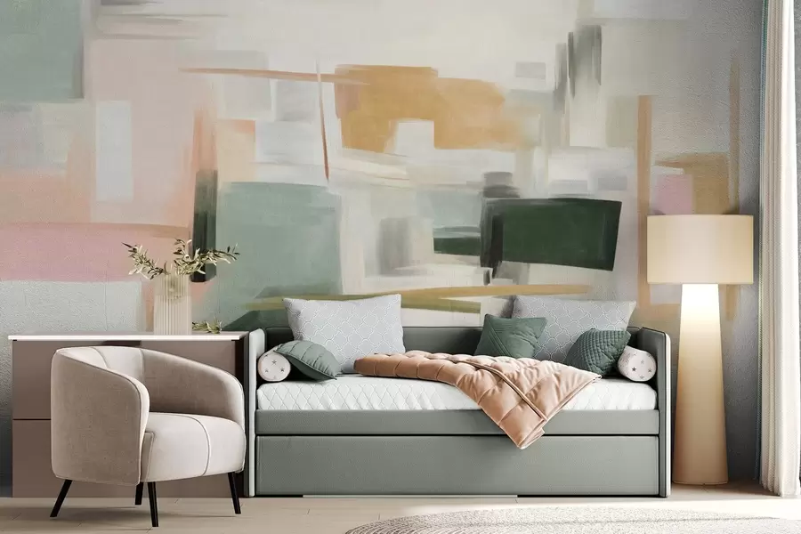 zidne murale Apstraktni minimalistički stil slikanja s mekim pastelnim bojama, geometrijskim oblicima i linijama w09828