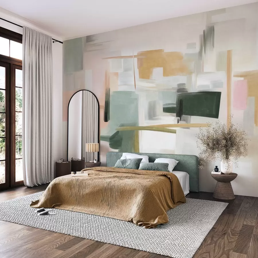 zidne murale Apstraktni minimalistički stil slikanja s mekim pastelnim bojama, geometrijskim oblicima i linijama w09828