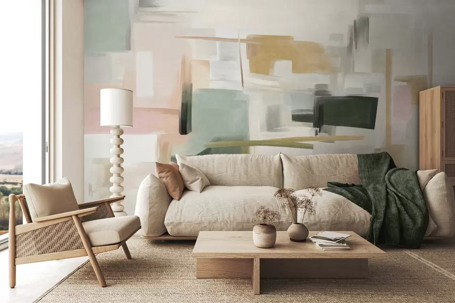 zidne murale Apstraktni minimalistički stil slikanja s mekim pastelnim bojama, geometrijskim oblicima i linijama w09828