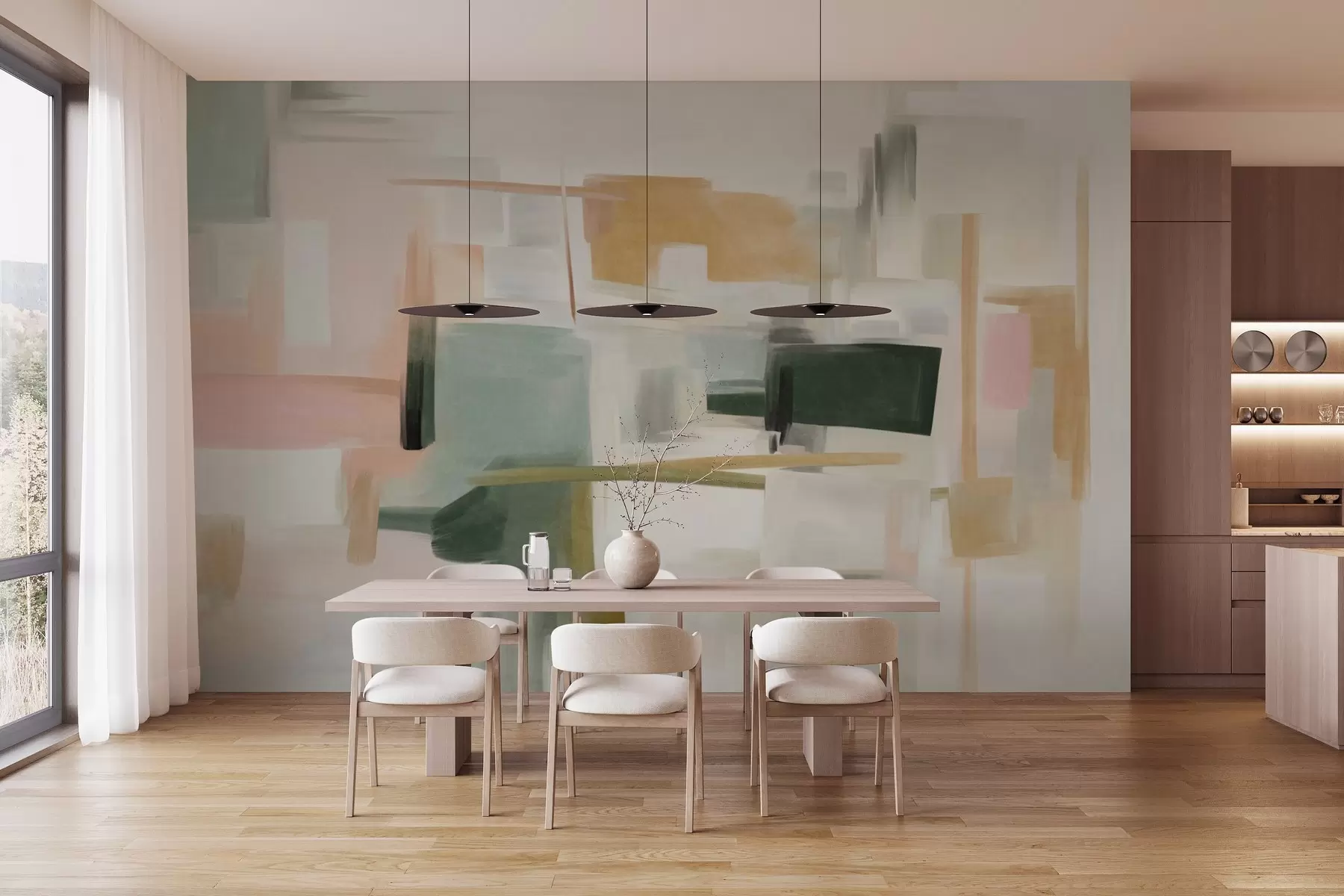 zidne murale Apstraktni minimalistički stil slikanja s mekim pastelnim bojama, geometrijskim oblicima i linijama w09828