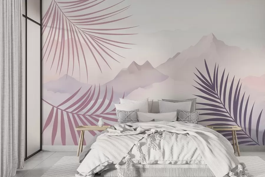 zidne murale Palmino lišće na pozadini planina w05548v1