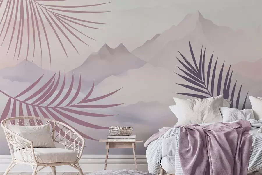 zidne murale Palmino lišće na pozadini planina w05548v1