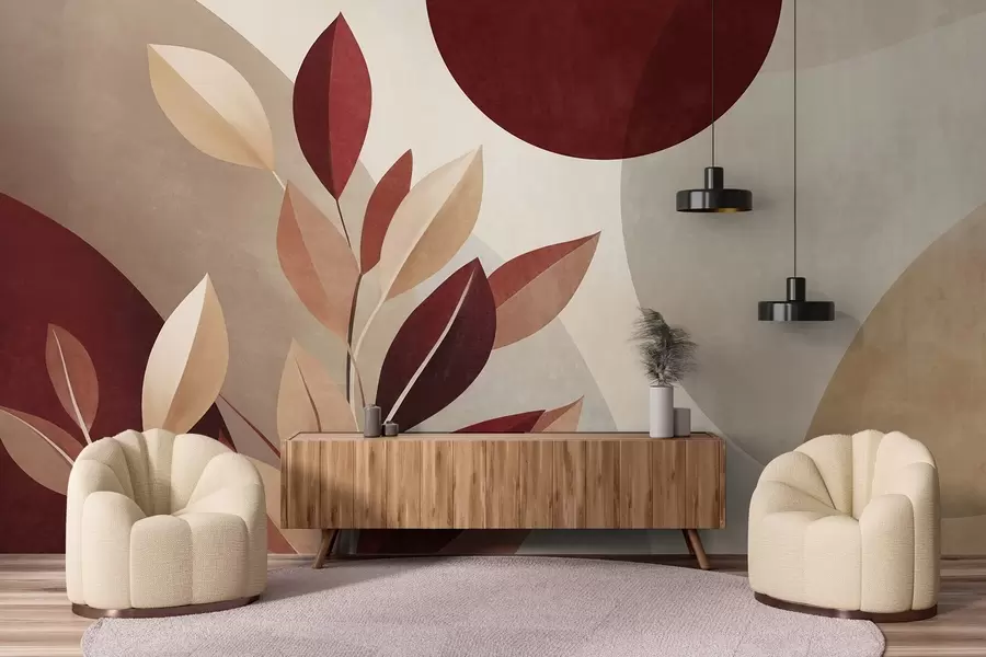zidne murale Teksturirano bordo i bež lišće na pozadini apstraktnih oblika, minimalizam, moderna umjetnost w09829