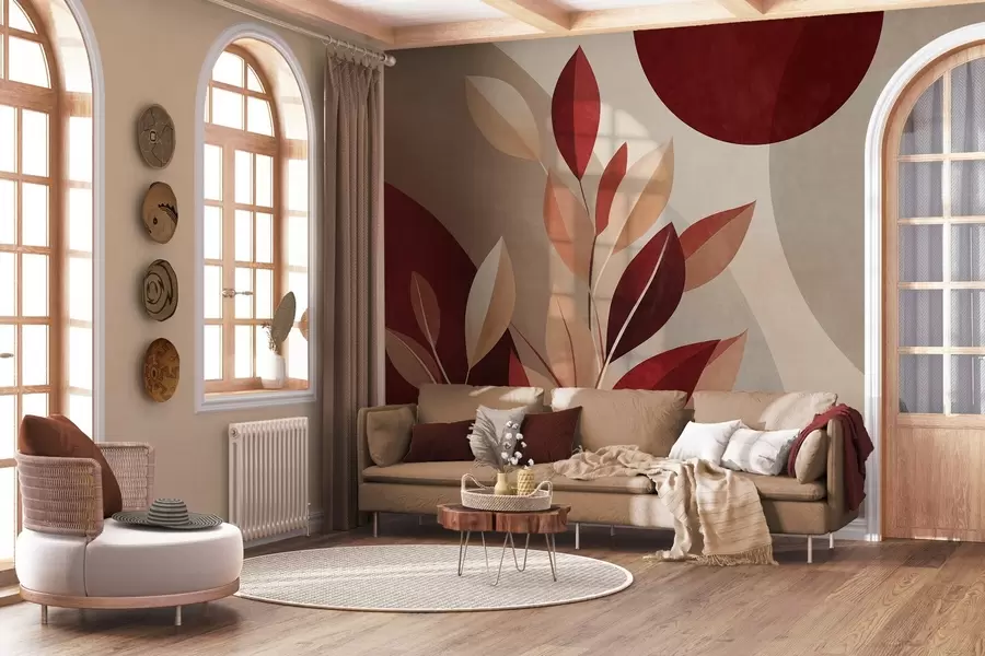 zidne murale Teksturirano bordo i bež lišće na pozadini apstraktnih oblika, minimalizam, moderna umjetnost w09829