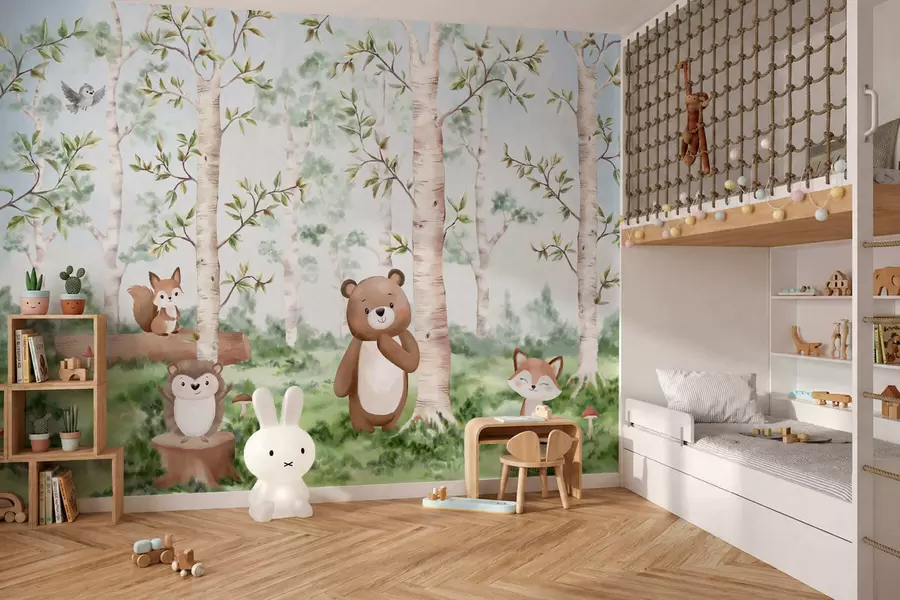 zidne murale Dječja ilustracija šume s medvjedom, lisicom i ježem w05532