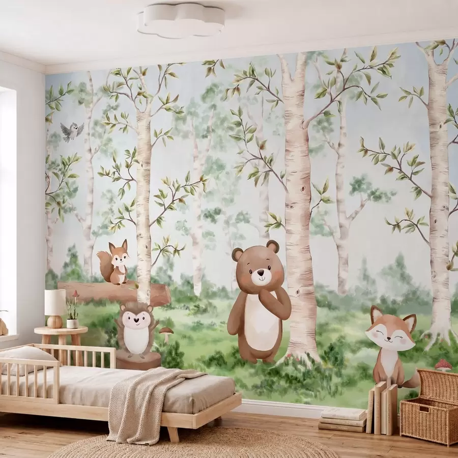 zidne murale Dječja ilustracija šume s medvjedom, lisicom i ježem w05532