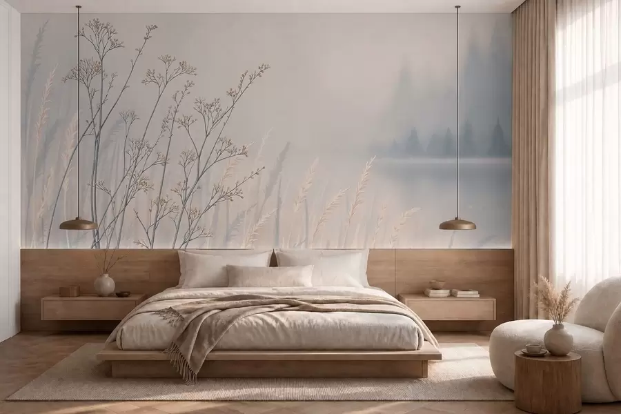 zidne murale Livadne trave uz vodu u maglovitom krajoliku w05534