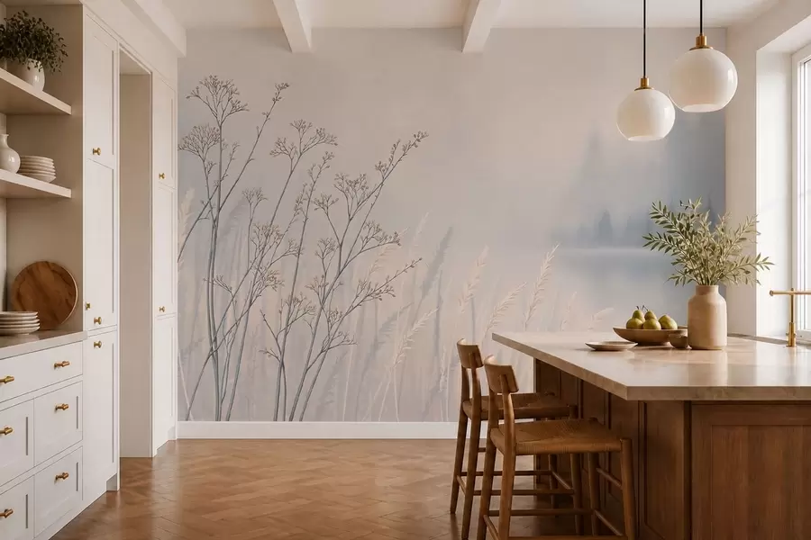 zidne murale Livadne trave uz vodu u maglovitom krajoliku w05534