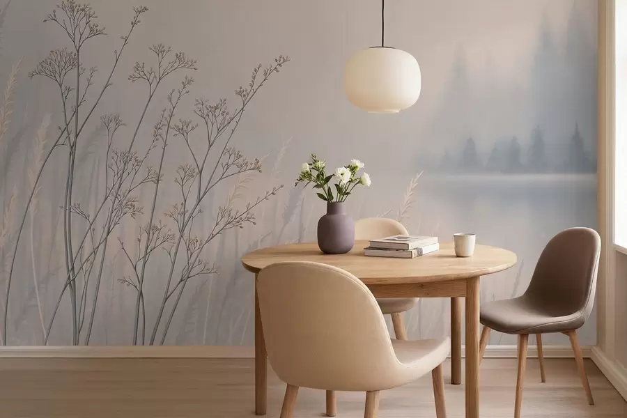 zidne murale Livadne trave uz vodu u maglovitom krajoliku w05534