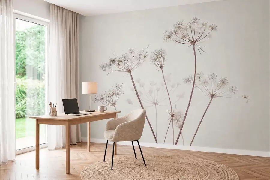 zidne murale Suhi štitasti cvjetovi na svijetloj minimalnoj pozadini w05543