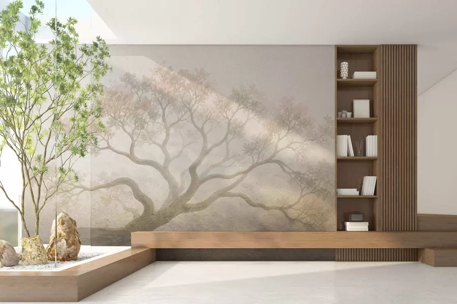 zidne murale Minimalistički magloviti krajolik drveća u mekim bež tonovima, sanjiva atmosferska umjetnost w05602