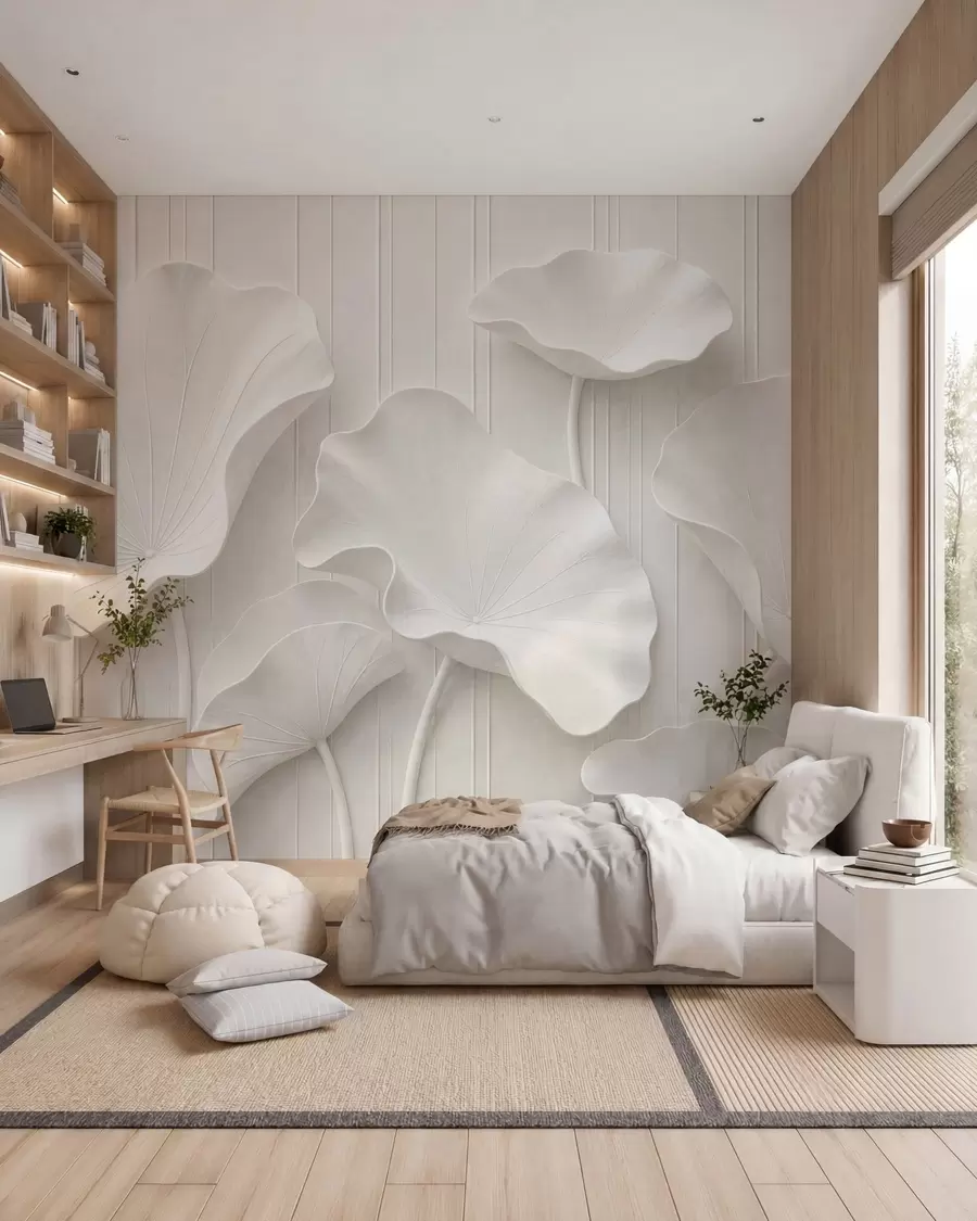 zidne murale Bijeli skulpturalni cvjetni reljef sa slojevitim laticama, elegantna 3D zidna umjetnost w05604