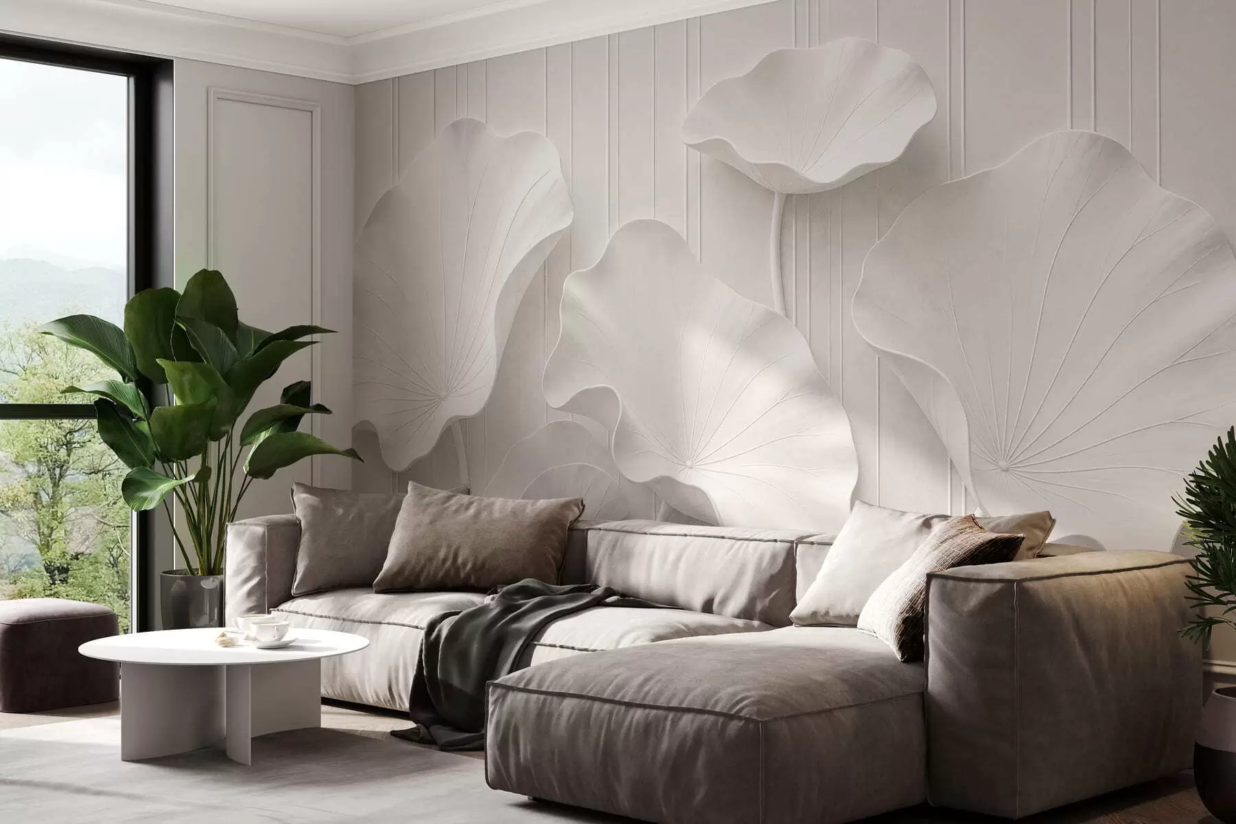 zidne murale Bijeli skulpturalni cvjetni reljef sa slojevitim laticama, elegantna 3D zidna umjetnost w05604