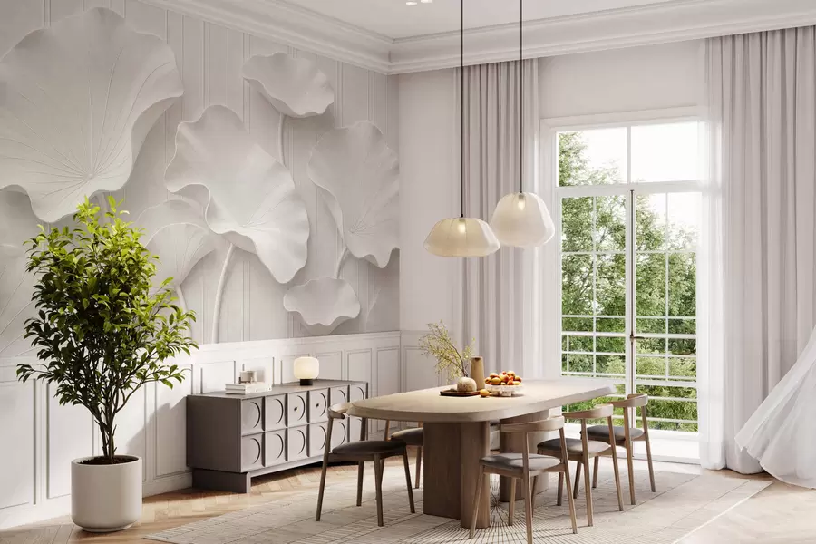 zidne murale Bijeli skulpturalni cvjetni reljef sa slojevitim laticama, elegantna 3D zidna umjetnost w05604