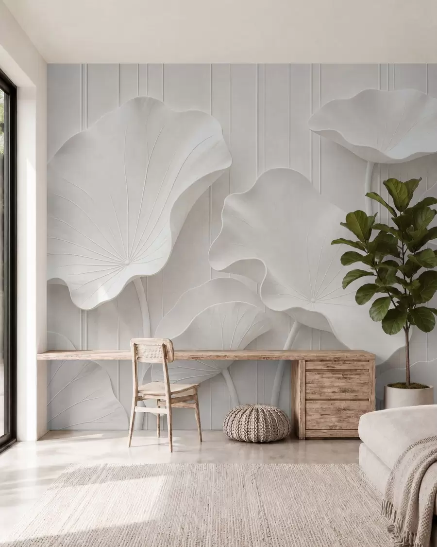 zidne murale Bijeli skulpturalni cvjetni reljef sa slojevitim laticama, elegantna 3D zidna umjetnost w05604