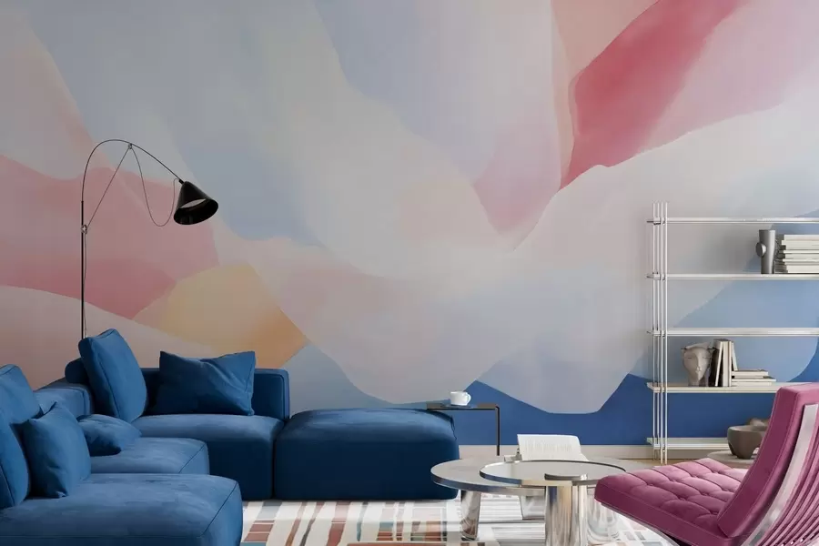 zidne murale Apstraktni pastelni valovi s mekim ružičastim i plavim gradijentima u stilu akvarela w05609